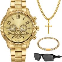 relogio masculino dourado + oculos sol + cordão + pulseira proteção uv ouro original qualidade premium aço inoxidável