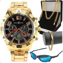 relogio masculino dourado + oculos sol + pulseira social religioso qualidade premium casual analogico aço inoxidável