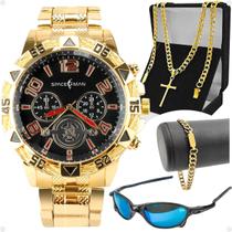 relogio masculino dourado + oculos sol + pulseira social religioso qualidade premium casual analogico aço inoxidável