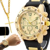 Relógio Masculino Dourado Original QUEBEC + Corrente e Pulseira Top