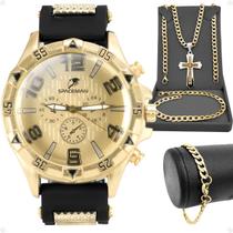 Relogio Masculino Dourado Prova Dagua + Crucifixo + Cordão grande original presente robusto qualidade premium resistente - Orizom