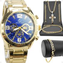 Relogio Masculino Dourado Prova Dagua + Crucifixo + Pulseira