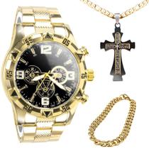 Relogio masculino dourado + pulseira + corrente cruz grumet casual qualidade premium preto social