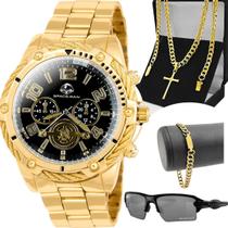 relogio masculino dourado + pulseira + oculos sol + cordão proteção uv social aço inoxidável qualidade premium ouro