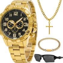 Relogio masculino dourado + pulseira + oculos sol original casual religioso social proteção uv presente aço inoxidável