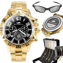 Relogio Masculino Dourado + Pulseira + Oculos Sol Social