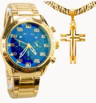 Relógio Masculino Dourado Quartz Azul Banhado a Ouro 18k Prova D água + Kit Corrente + Pulseira - Dhinstore