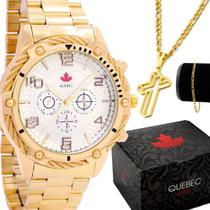 Relógio Masculino Dourado Quebec + Corrente e Pulseira Show