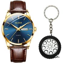 Relógio Masculino Dourado Social Pulseira Luxo + Chaveiro