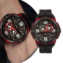 Relógio Masculino Esportivo Digital e Analógico de Pulso à Prova D' Água com Pulseira de Silicone Redondo Shock Tático Preto e Vermelho Mormaii