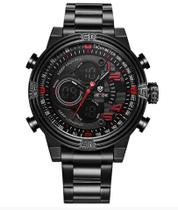 Relógio masculino esportivo digital e analógico inox weide 5209 preto vermelho