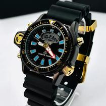 Relógio Masculino Esportivo Estilo Aqualand Analógico Digital 100M Prova DÁgua Pulseira Silicone Preto Dourado