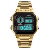 Relógio masculino esportivo skmei 1335 dourado quadrado digital multifunção