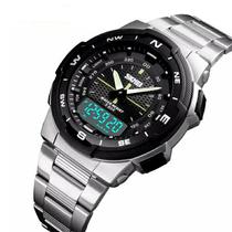 Relógio masculino esportivo skmei 1370 digital e analógico prateado prata inox ponteiro eletronico