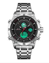 Relógio masculino esportivo weide 6906 prata preto inox anadigi digital e analógico