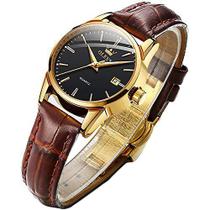Relógio masculino feminino couro marrom-OLEVS relógio analógico clássico de quartzo data da semana casual luminoso preto