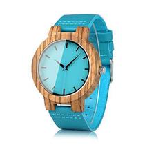 Relógio masculino feminino de madeira de bambu Bird com pulseira de couro bovino azul casual para amor com caixa, Men, o