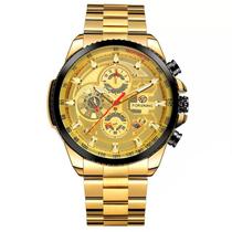 Relógio masculino forsining 428 dourado todo funcional automatico inox social fundo transparente