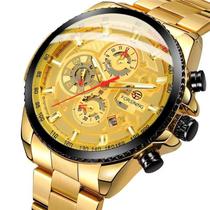 Relógio masculino forsining 428 social dourado inox automatico transparente ponteiro todo funcional
