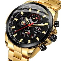 Relógio masculino forsining automatico 428 dourado e preto inox mecanico social casual analógico