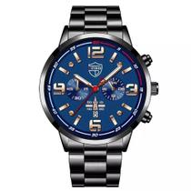 Relógio Masculino GENEVA Quartzo Aço Inox Luminoso Preto