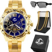 Relogio Masculino Inox Aco Banhado + Cordao Oculos dourado preto robusto original pesado cordao inoxidavel grande grumet