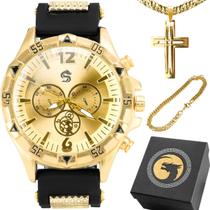 Relogio Masculino Inox Aço + Pulseira + Cordao original presente dourado ajustavel social casual analogico