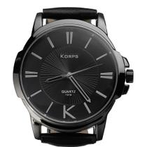 Relógio Masculino Luxo Korps 1319 Diamante Negro Pulseira Couro Preta