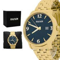 Relogio Masculino Magnum Analogico Aço Inoxidavel Dourado Mostrador Azul Calendario Original Resistente a Agua 2 Anos de Garantia MA34594A