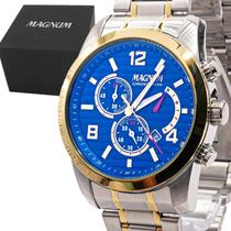 Relogio Masculino Magnum Analogico Aço Inoxidavel Prata e Dourado Mostrador Azul Cronografo Original Resistente a Agua 2 Anos de Garantia RMMA35208F