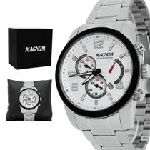 Relogio Masculino Magnum Analogico Aço Inoxidavel Prata Mostrador Branco Calendario Cronografo Original Resistente a Agua 2 Anos de Garantia MA35208D