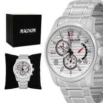 Relogio Masculino Magnum Analogico Aço Inoxidavel Prata Mostrador Branco Casual Cronografo Original Resistente a Agua 2 Anos de Garantia RMMA35208Q