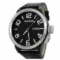 Relógio Masculino Magnum Prata Caixa Aço Pulseira Couro Mostrador Preto Original Resistente à Água MA33399T