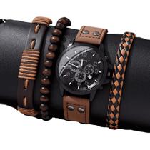 Relógio Masculino Marrom + Kit Pulseiras Moderno Luxo Marrom Relógio Masculino Marrom + Kit Pulseiras Moderno Luxo Marrom