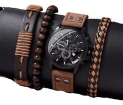 Relógio Masculino Marrom + Kit Pulseiras Moderno Luxo Marrom Relógio Masculino Marrom + Kit Pulseiras Moderno Luxo Marrom