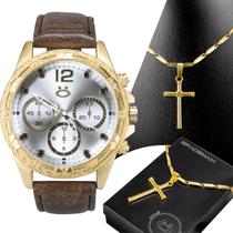 Relógio Masculino Marrom Pulseira de Couro Gravado + Corrente 18K Presente