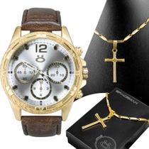 Relógio Masculino Marrom Pulseira de Couro Gravado + Corrente 18K Presente - Orizom
