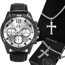 Relógio Masculino material sintético Social Preto + Corrente Cruz Prata + Caixa Garantia