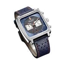 Relógio Masculino MEGIR De Quartzo Cronógrafo Com Pulseira De Couro Azul, Mostrador Quadrado, Casual