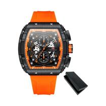 Relógio Masculino Militar Esportivo Cronógrafo De Quartzo MINI FOCUS Tonneau Dial Laranja Pulseira