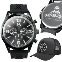 Relógio Masculino Minimalista Preto Esportivo + Boné Truker com Redinha Original - Presente p/ Homem