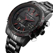 Relógio masculino naviforce 9024 preto com detalhes vermelho anadigi social casual ponteiro inox