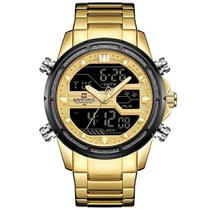 Relógio masculino naviforce 9138 dourado digital e analógico inox esportivo social casual anadigi
