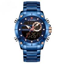 Relógio masculino naviforce 9163 azul digital e analógico anadigi multifunção inox grande