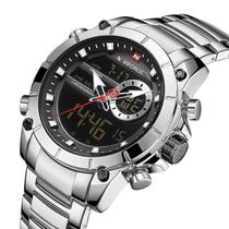 Relógio Masculino Naviforce 9163 Prata Anadigi Digital Inox