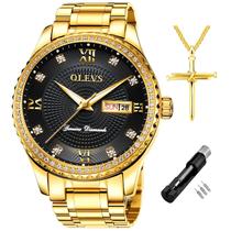 Relógio masculino OLEVS em aço inoxidável dourado à prova d'água com diamantes Relógio masculino OLEVS em aço inoxidável dourado à prova d'água com diamantes
