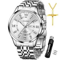 Relógio Masculino OLEVS - Prateado, Aço Inoxidável e Impermeável com Detalhes em Diamante