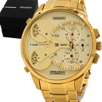 Relogio Masculino Orient Analogico Aço Inoxidavel Dourado Calendadario Cronografo Original Resistente a Agua 1 Ano de Garantia ROT003C2KX