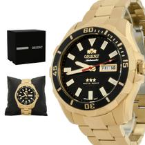 Relogio Masculino Orient Analogico Aço Inoxidavel Dourado Mostrador Preto Calendario Original Resistente a Agua 1 Ano de Garantia 469GP078NHP1KX