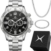 Relogio Masculino Prata Aco Inox + Caixa mostrador preto inoxidável corrente qualidade premium grumet inoxidavel casual